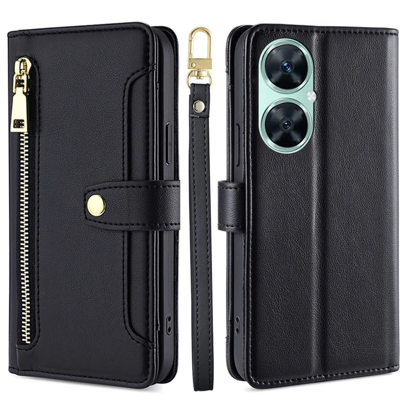 Custodia in pelle con cerniera, Custodia a portafoglio per Huawei Enjoy 60 Pro / nova 11i / Maimang 20, con scomparti per schede multiple e tracolla - Nero