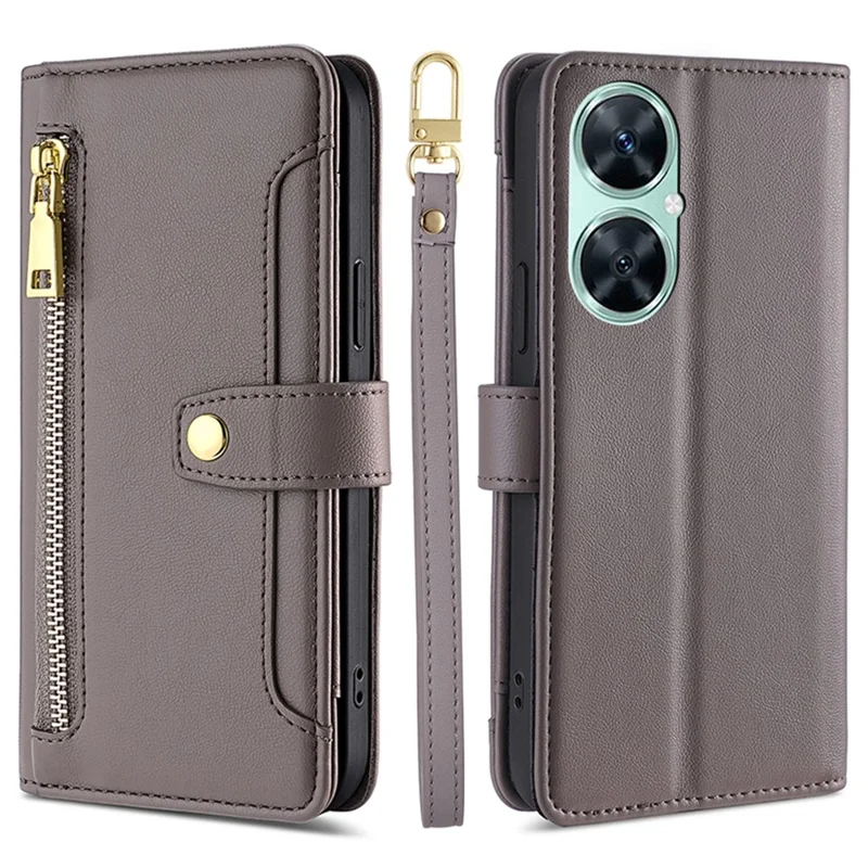 Phone Shell for Huawei Enjoy 60 Pro / nova 11i / Maimang 20 , Zipper Pocket Multiple Card Slots Leather Flip Case with Straps - Grey