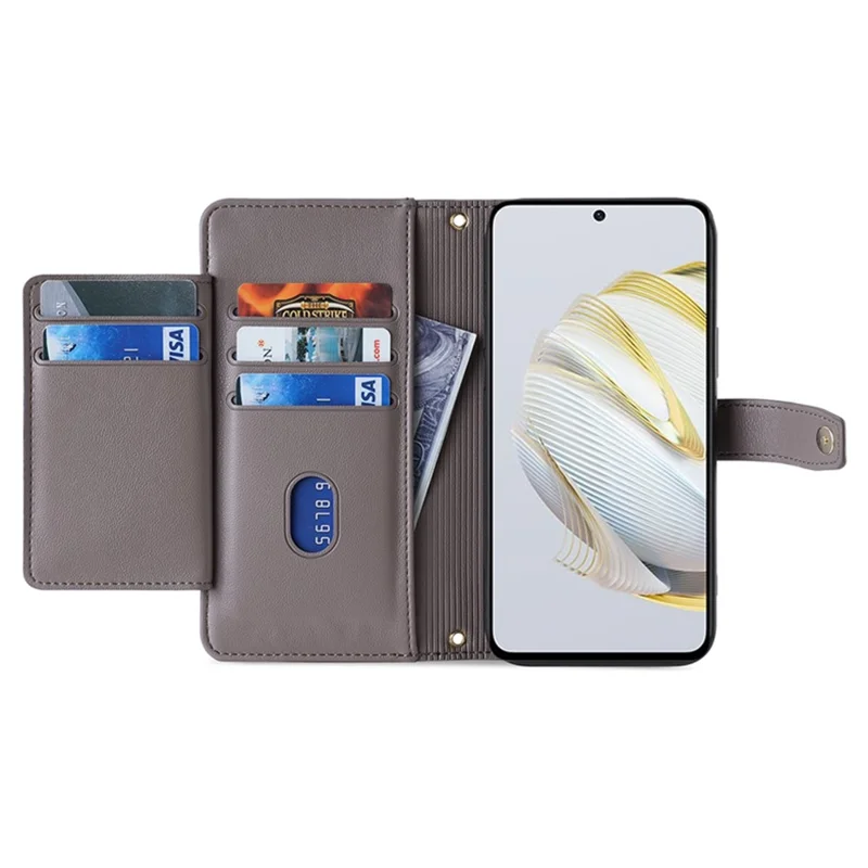 Phone Shell for Huawei Enjoy 60 Pro / nova 11i / Maimang 20 , Zipper Pocket Multiple Card Slots Leather Flip Case with Straps - Grey