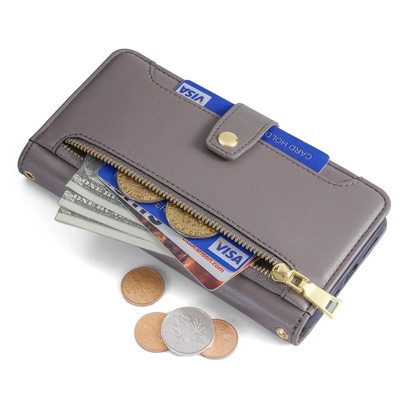 Phone Shell for Huawei Enjoy 60 Pro / nova 11i / Maimang 20 , Zipper Pocket Multiple Card Slots Leather Flip Case with Straps - Grey