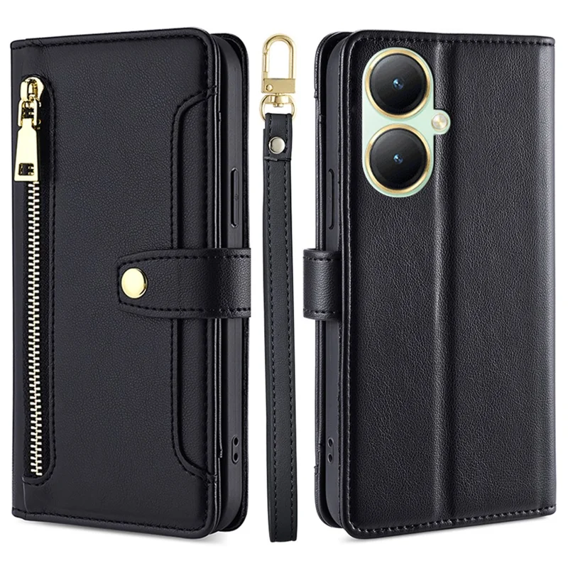 Schutzhülle für vivo Y35+ 5G / Y35m+ 5G, Reißverschlusstasche, Kartenfach, Leder-Flip-Case mit Trägern - Schwarz