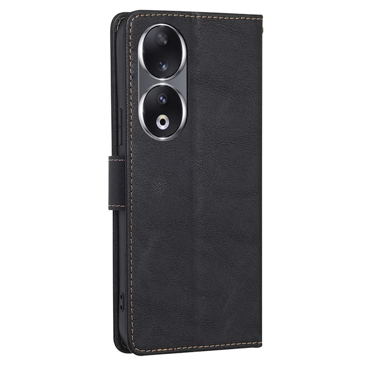 Pour Honor 90 Cowhide Texture Phone Shell RFID Blocking Wallet Phone Case PU Leather Stand Cover - Black