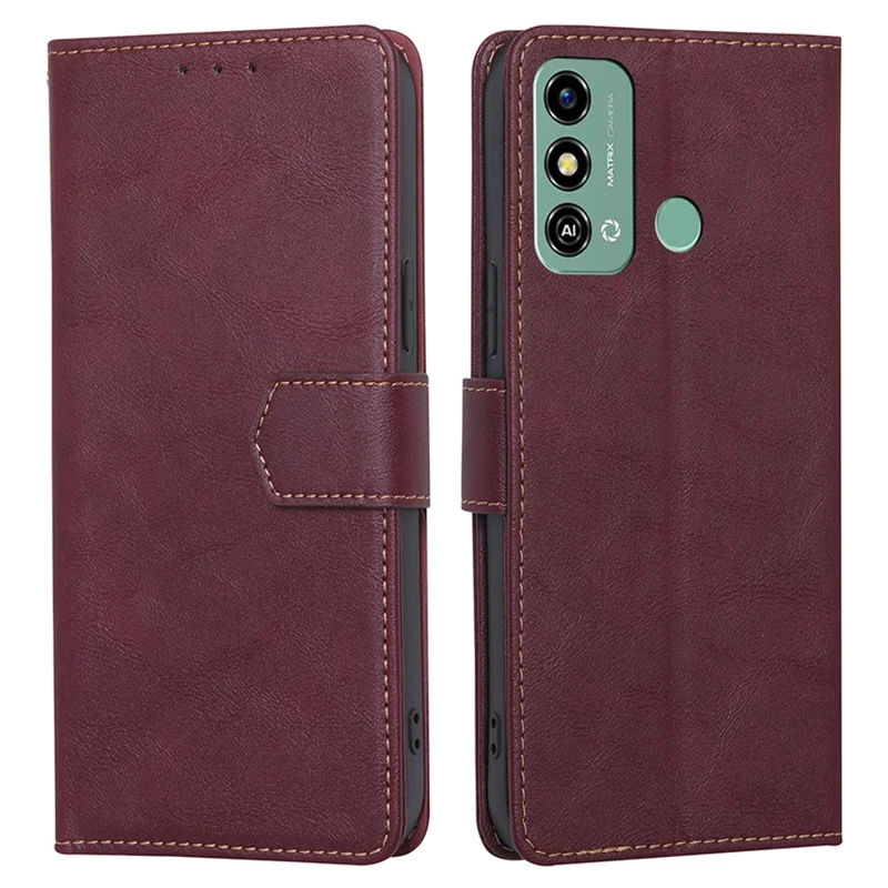 For ZTE Blade A53 Cowhide Texture Wallet Phone Shell RFID Blocking Leather Case Phone Stand Cover - Wine Red