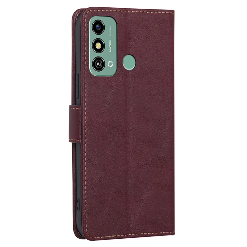For ZTE Blade A53 Cowhide Texture Wallet Phone Shell RFID Blocking Leather Case Phone Stand Cover - Wine Red