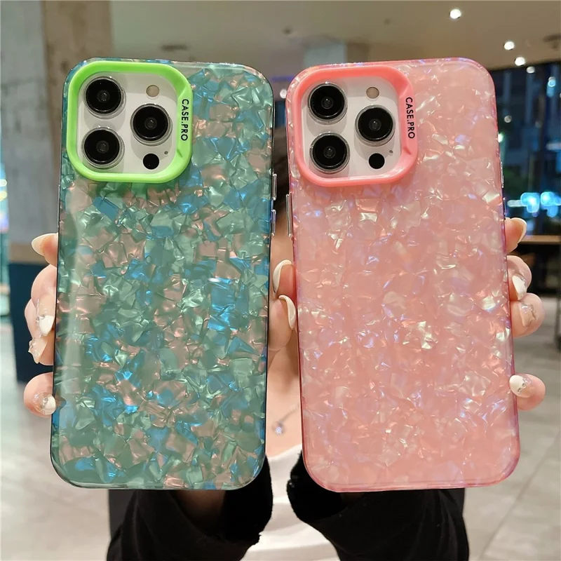 Telefoonhoesje voor iPhone 15 Pro met Shellstructuur, krasbestendige telefoonbescherming, beschermhoes van acryl en PC - Roze