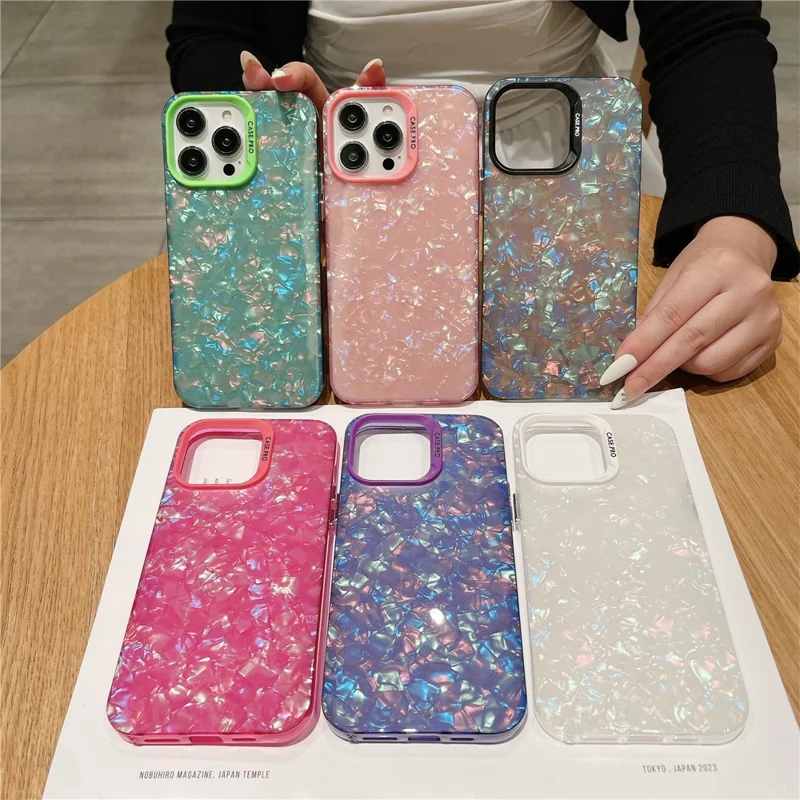 Telefoonhoesje voor iPhone 15 Pro met Shellstructuur, krasbestendige telefoonbescherming, beschermhoes van acryl en PC - Roze
