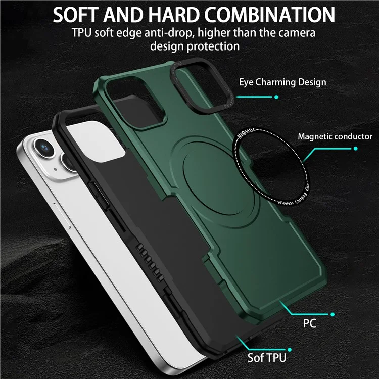 Coque de téléphone magnétique compatible avec iPhone 15 Magsafe PC + TPU anti-chute Housse de protection - Vert noirâtre