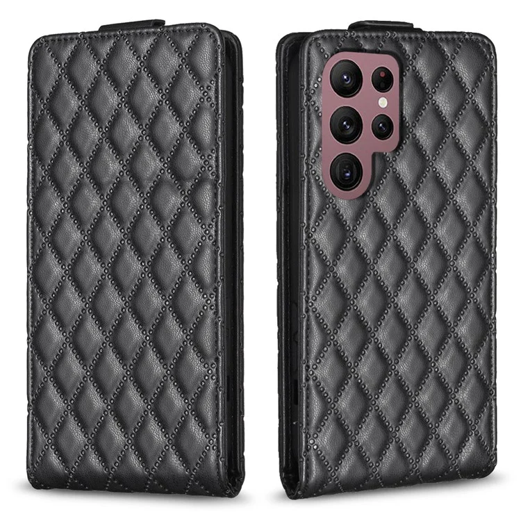 BF30 Imprinted Shell for Samsung Galaxy S22 Ultra 5G Vertical Flip Stand Case with Card Slots Leather Phone Cover - Black
