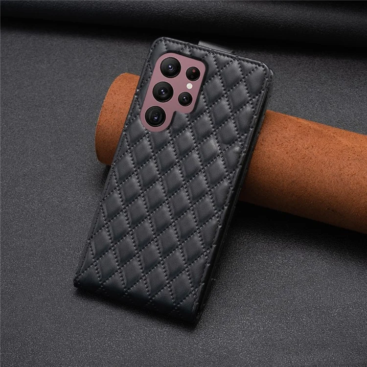 BF30 Imprinted Shell for Samsung Galaxy S22 Ultra 5G Vertical Flip Stand Case with Card Slots Leather Phone Cover - Black