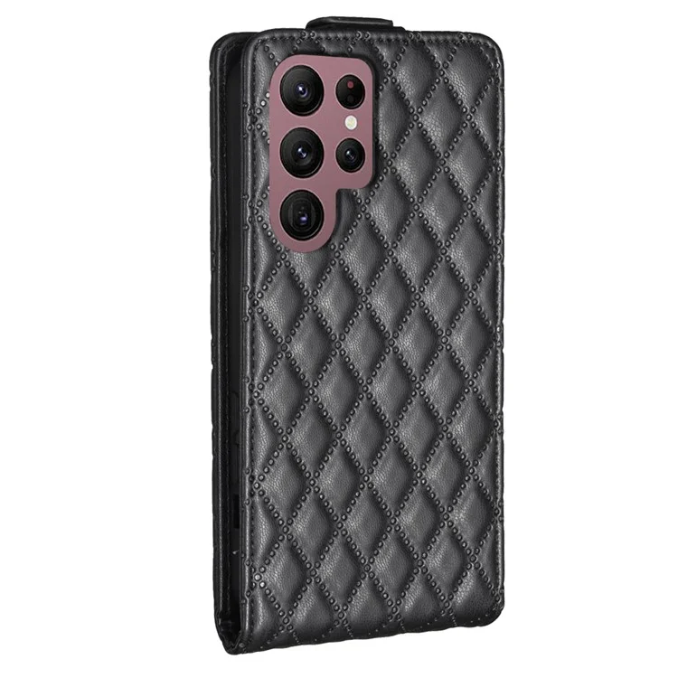 BF30 Imprinted Shell for Samsung Galaxy S22 Ultra 5G Vertical Flip Stand Case with Card Slots Leather Phone Cover - Black