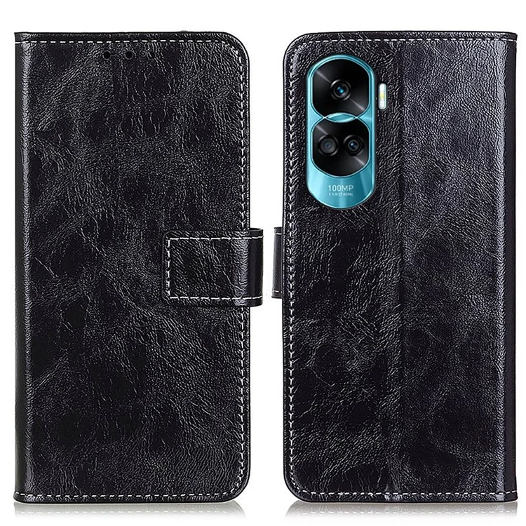 Pour Honor X50i 5G / 90 Lite 5G Flip Leather Wallet Case Retro Crazy Horse Texture Stand Phone Cover - Noir