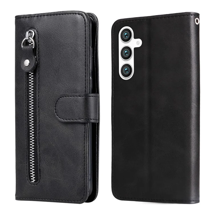 Pour Samsung Galaxy S23 FE Zipper Pocket Wallet Foldable Stand Anti-Scratch Calf Texture Phone Case Cell Phone Cover - Noir