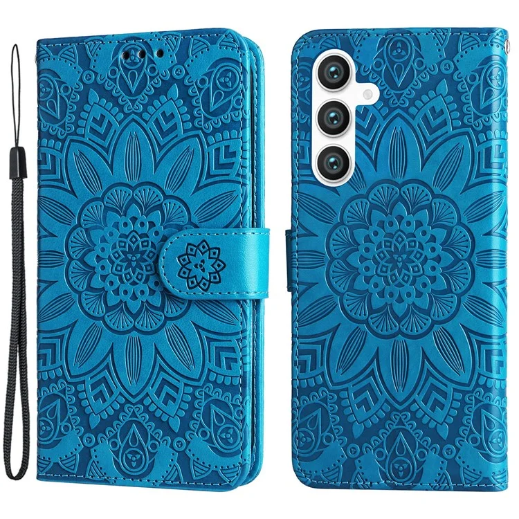 Pour Samsung Galaxy S23 FE Anti-Scratch Phone Cover PU Leather Shockproof Imprinted Sunflower Wallet Stand Case - Bleu