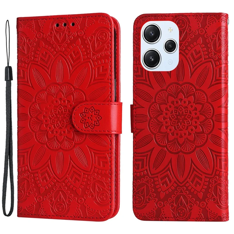 PU Leather Cover for Xiaomi Redmi 12 4G , Sunflower Imprinted Wallet Anti-Scratch Smartphone Case - Red