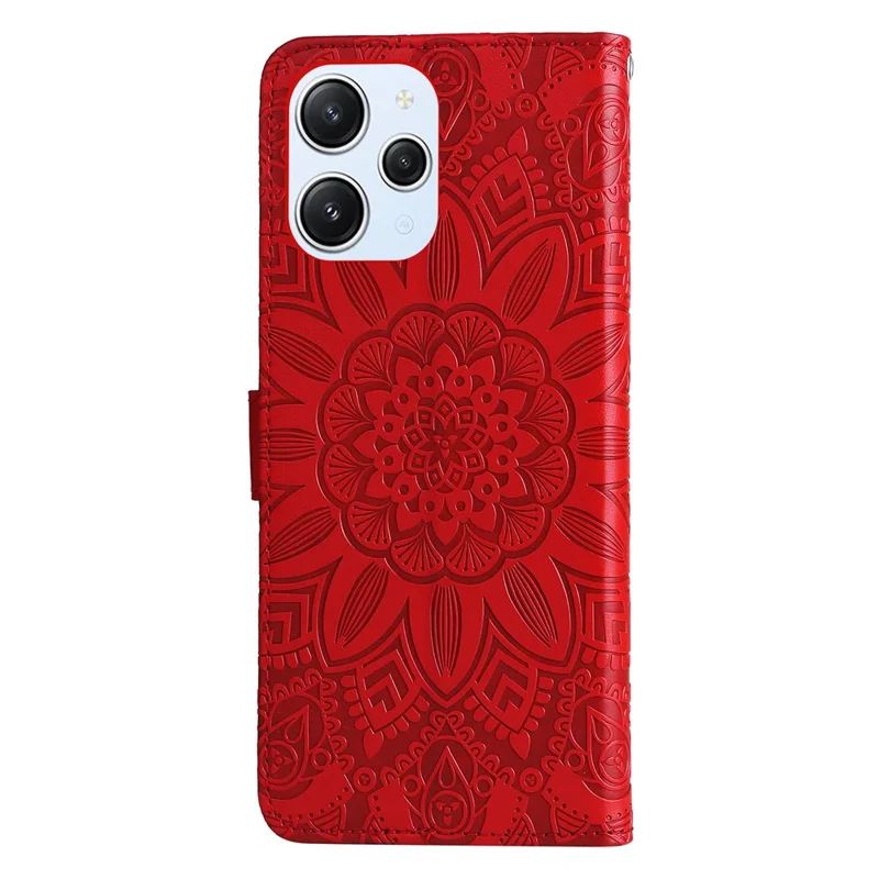 PU Leather Cover for Xiaomi Redmi 12 4G , Sunflower Imprinted Wallet Anti-Scratch Smartphone Case - Red