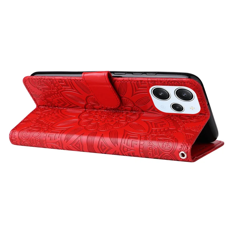 PU Leather Cover for Xiaomi Redmi 12 4G , Sunflower Imprinted Wallet Anti-Scratch Smartphone Case - Red