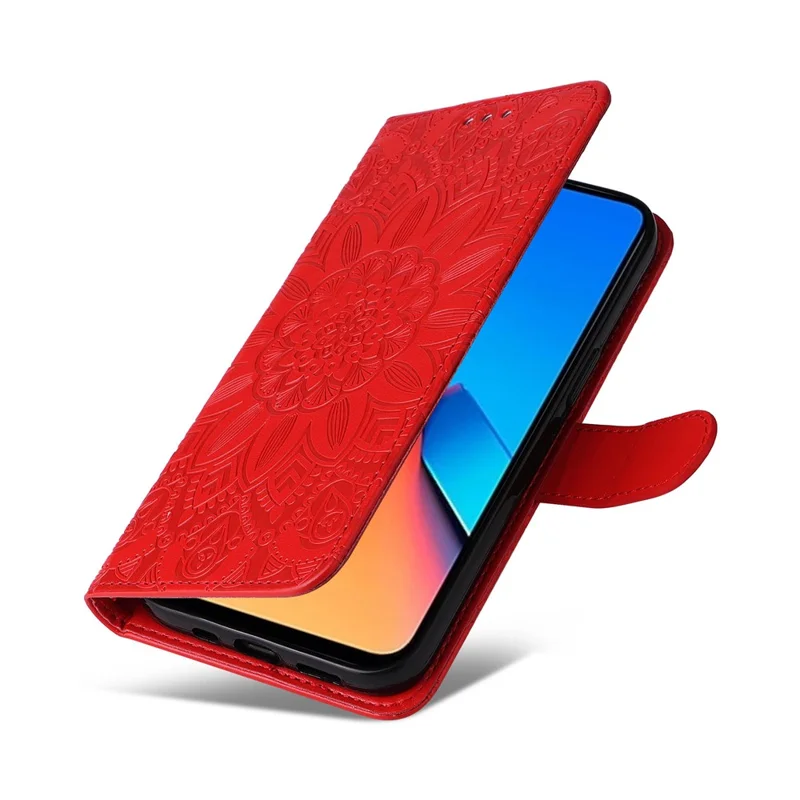 PU Leather Cover for Xiaomi Redmi 12 4G , Sunflower Imprinted Wallet Anti-Scratch Smartphone Case - Red