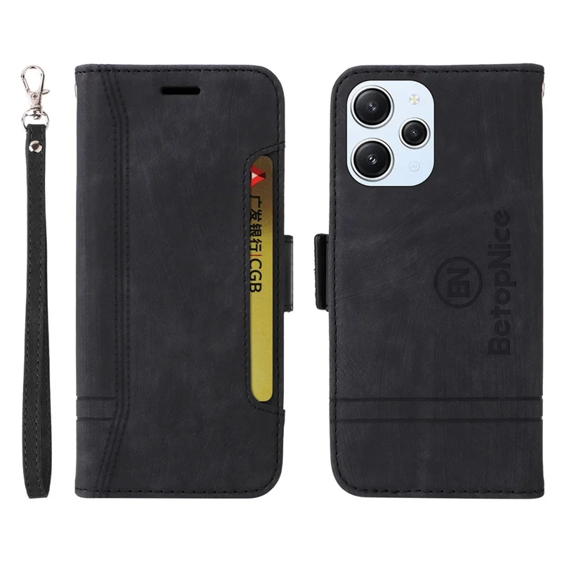 BETOPNICE 001 Para Xiaomi Redmi 12 4G Funda Protectora para Smartphone a Prueba de Golpes Funda de Cartera de Cuero PU con Soporte - Negro