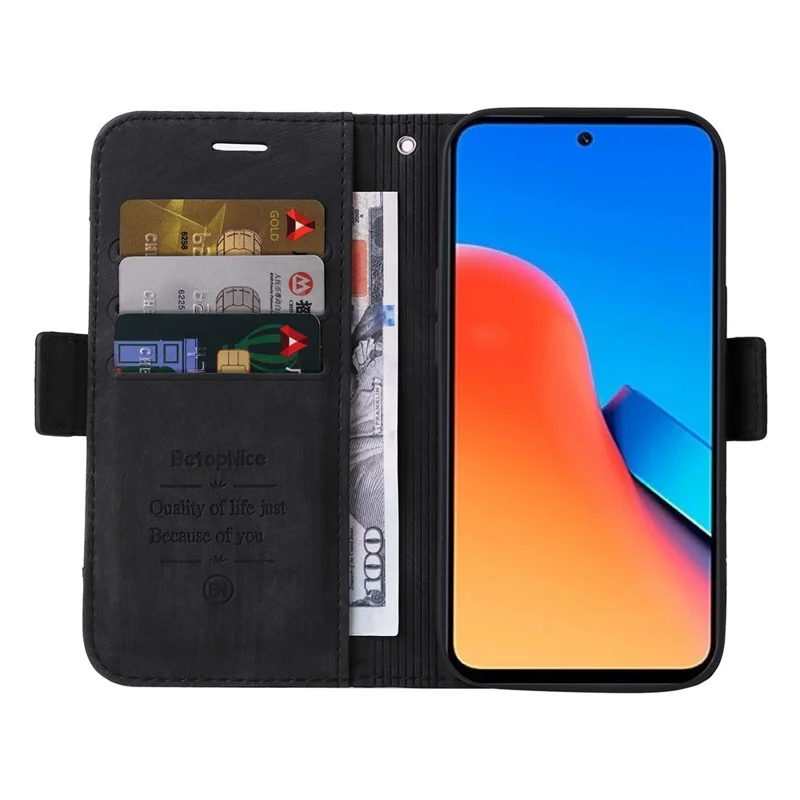 BETOPNICE 001 Para Xiaomi Redmi 12 4G Funda Protectora para Smartphone a Prueba de Golpes Funda de Cartera de Cuero PU con Soporte - Negro