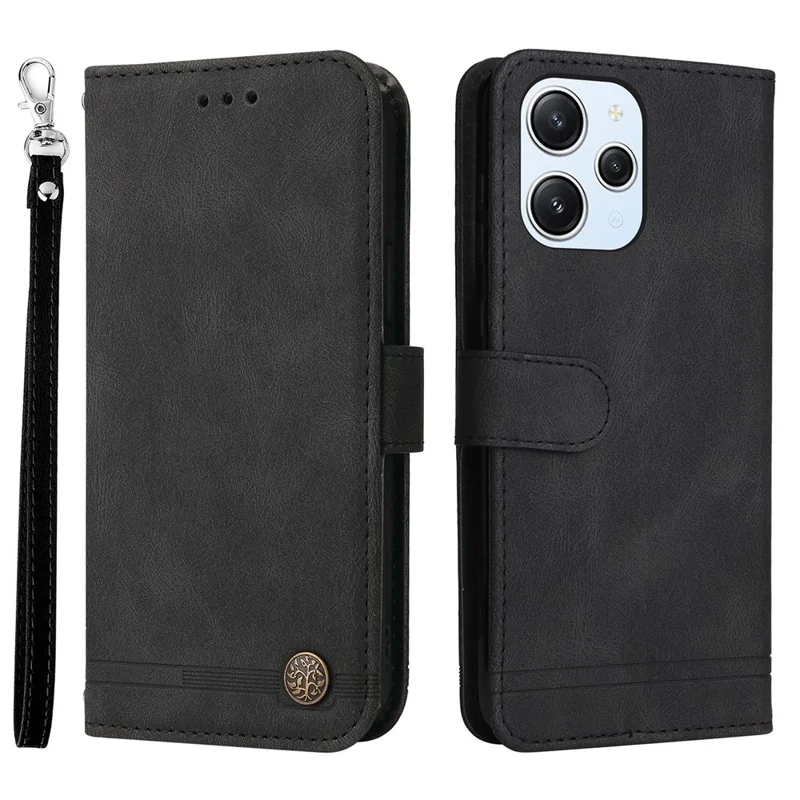 For Xiaomi Redmi 12 4G Leather Wallet Cases Skin Touch Phone Cover Stand with Strap - Black