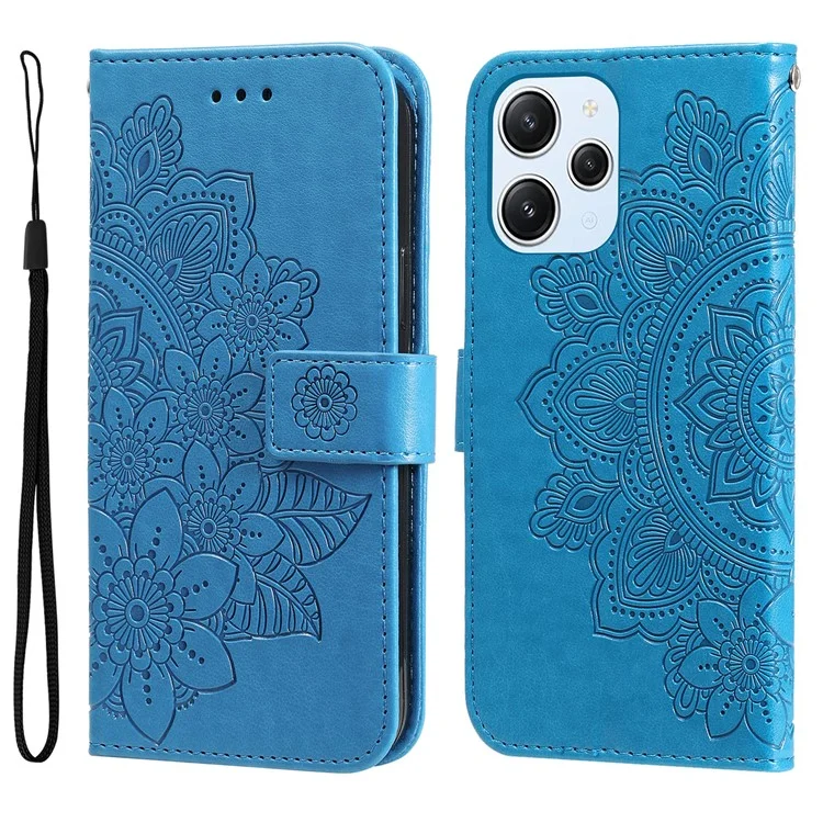 Pour Xiaomi Redmi 12 4G Imprinted Flower PU Leather Cover Phone Case Mobile Phone Shell Stand Wallet - Blue