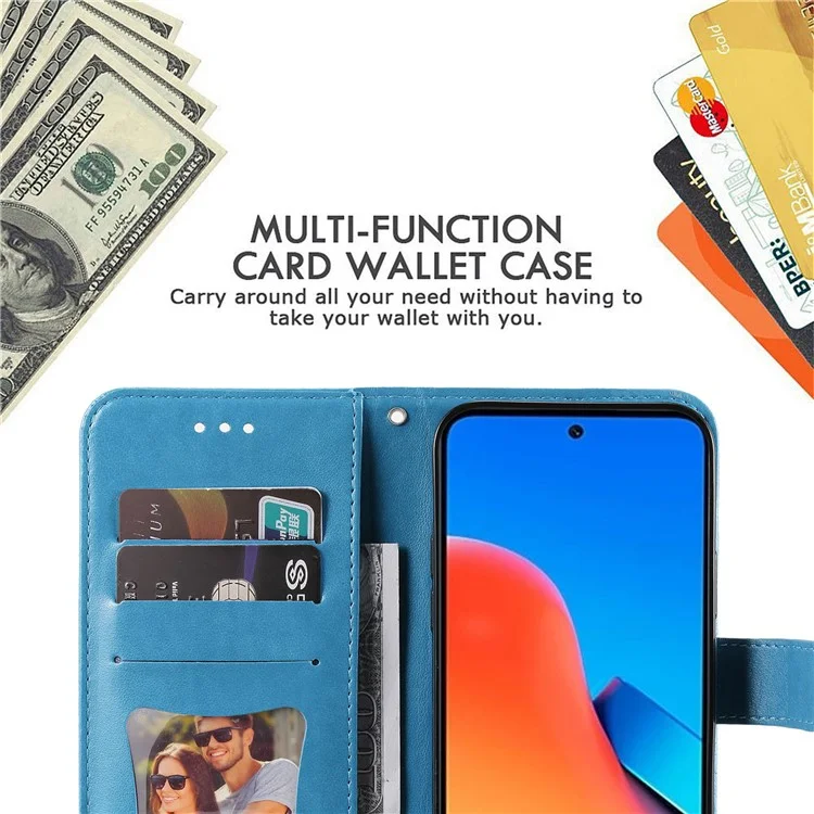 Pour Xiaomi Redmi 12 4G Imprinted Flower PU Leather Cover Phone Case Mobile Phone Shell Stand Wallet - Blue