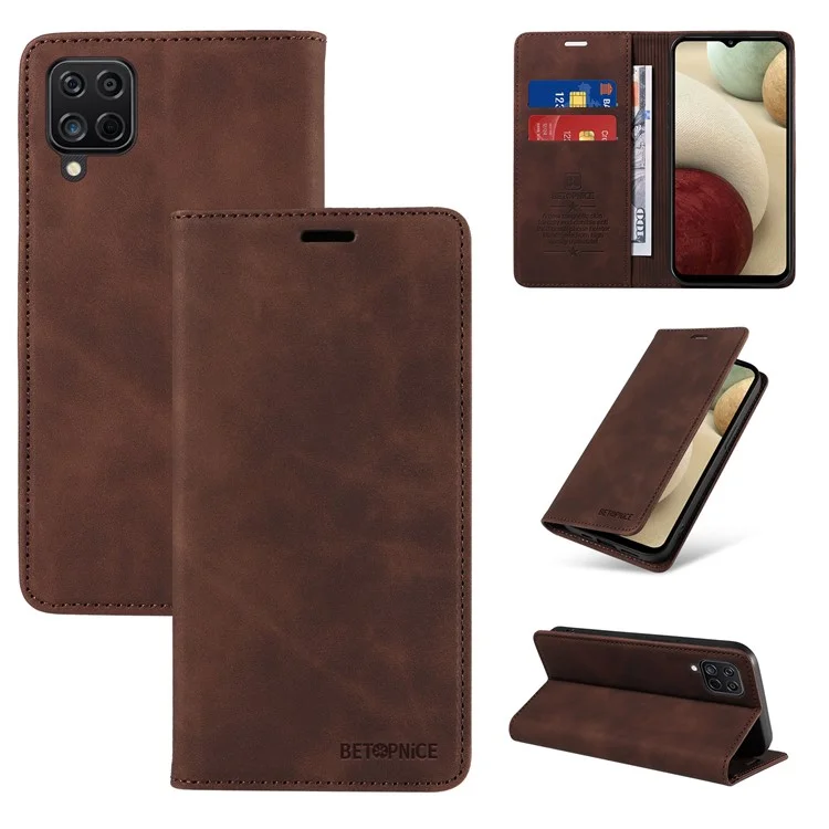 BETOPNICE 003 For Samsung Galaxy A12 / M12 / F12 PU Leather Flip Cover Stand Phone Case RFID Blocking Wallet - Brown
