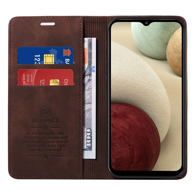 BETOPNICE 003 For Samsung Galaxy A12 / M12 / F12 PU Leather Flip Cover Stand Phone Case RFID Blocking Wallet - Brown