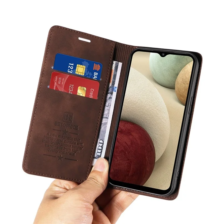 BETOPNICE 003 For Samsung Galaxy A12 / M12 / F12 PU Leather Flip Cover Stand Phone Case RFID Blocking Wallet - Brown