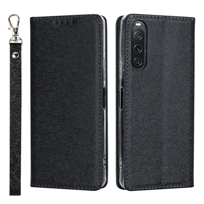 For Sony Xperia 10 V Anti-Fingerprint PU Leather Wallet Phone Case Silk Texture Stand Cover - Black