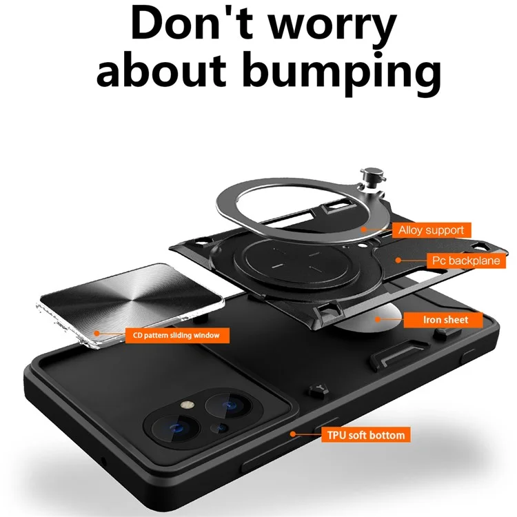 Ring Kickstand Phone Case for Xiaomi Poco M5 5G , Slide Camera Protection PC+TPU Phone Cover - Black
