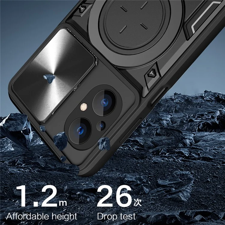 Ring Kickstand Phone Case for Xiaomi Poco M5 5G , Slide Camera Protection PC+TPU Phone Cover - Black