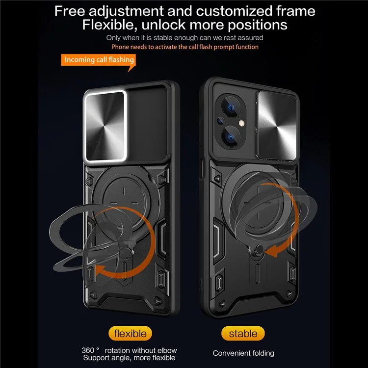 Ring Kickstand Phone Case for Xiaomi Poco M5 5G , Slide Camera Protection PC+TPU Phone Cover - Black