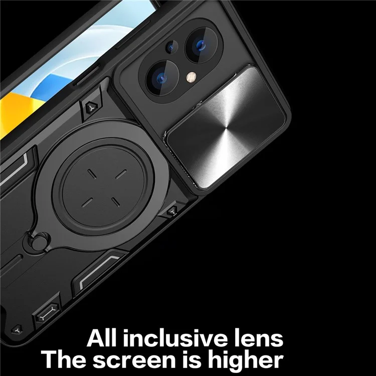 Ring Kickstand Phone Case for Xiaomi Poco M5 5G , Slide Camera Protection PC+TPU Phone Cover - Black