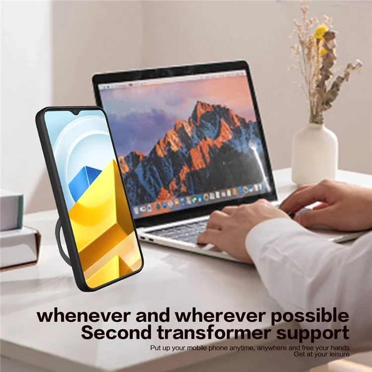 Ring Kickstand Phone Case for Xiaomi Poco M5 5G , Slide Camera Protection PC+TPU Phone Cover - Black