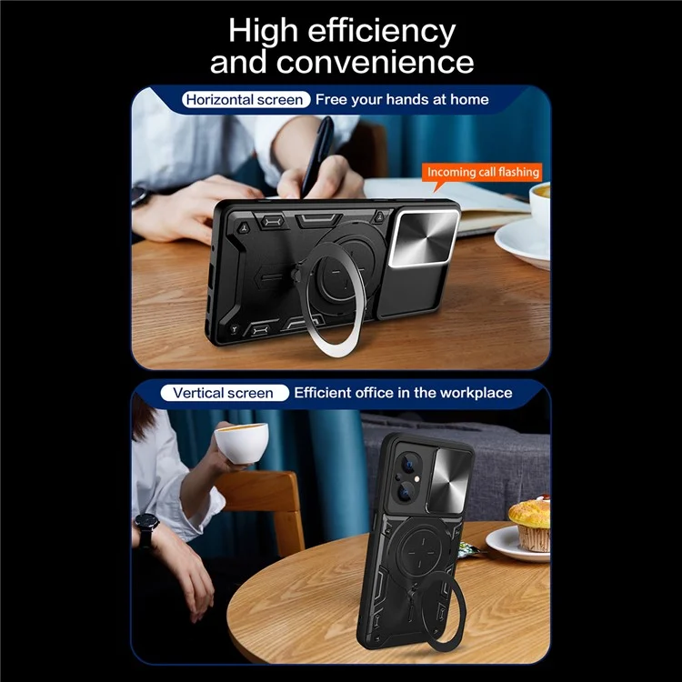 Ring Kickstand Phone Case for Xiaomi Poco M5 5G , Slide Camera Protection PC+TPU Phone Cover - Black