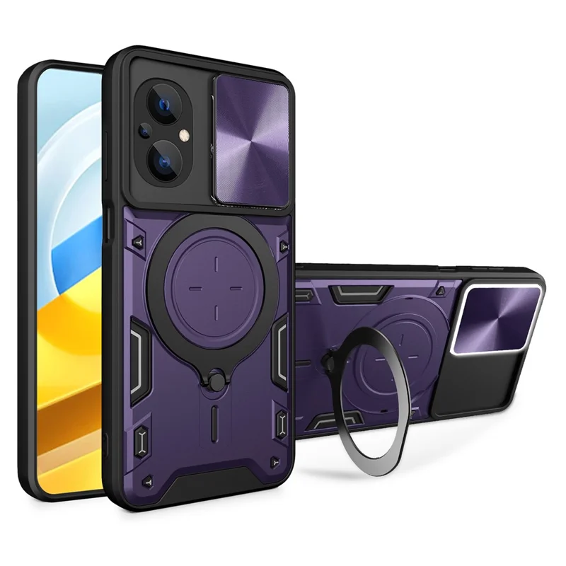 Ring Kickstand Phone Case for Xiaomi Poco M5 5G , Slide Camera Protection PC+TPU Phone Cover - Purple