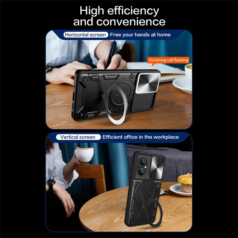 Ring Kickstand Phone Case for Xiaomi Poco M5 5G , Slide Camera Protection PC+TPU Phone Cover - Purple