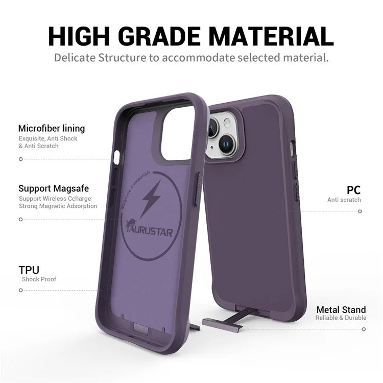 Copertina di Cavalletto Della Serie Taurustar Per Iphone 15 Plus Case Microfibra Lising PC+TPU Magnetic Telefon Shell - Viola Scuro