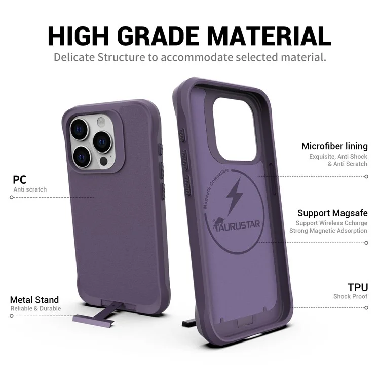Serie Taurustar Per Iphone 15 Pro Case Kickstand Pc+copertura Tpu Compatibile Con Magsafe Back Shell - Viola Scuro