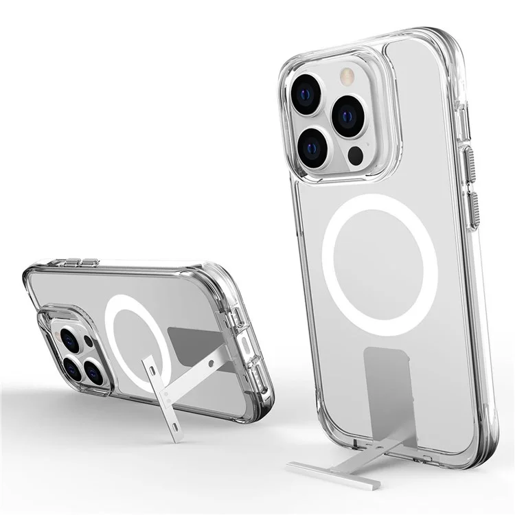 Für iPhone 15 Pro Max TPU+PC Clear Phone Case Kickstand Schutzhülle kompatibel mit MagSafe - Transparent