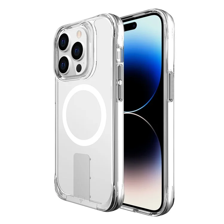 Für iPhone 15 Pro Max TPU+PC Clear Phone Case Kickstand Schutzhülle kompatibel mit MagSafe - Transparent