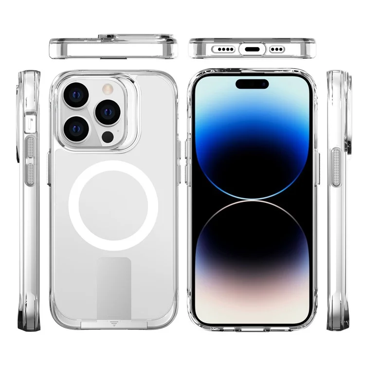 For iPhone 14 Pro Magnetic TPU+PC Clear Cover Kickstand Phone Case Compatible with MagSafe - Transparent