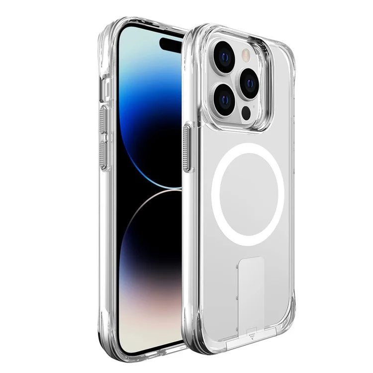 For iPhone 14 Pro Magnetic TPU+PC Clear Cover Kickstand Phone Case Compatible with MagSafe - Transparent