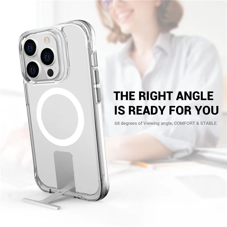 For iPhone 14 Pro Magnetic TPU+PC Clear Cover Kickstand Phone Case Compatible with MagSafe - Transparent