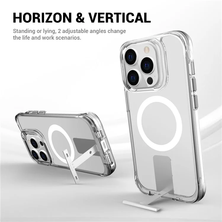 For iPhone 14 Pro Magnetic TPU+PC Clear Cover Kickstand Phone Case Compatible with MagSafe - Transparent