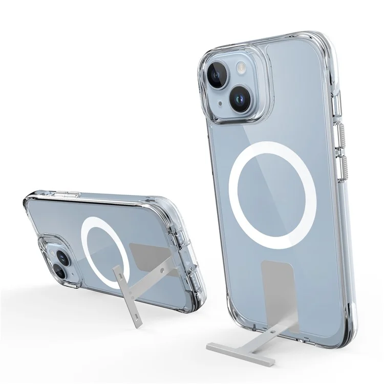 Für iPhone 15 Aluminiumlegierung Kickstand Cover Klare TPU+PC Handyhülle Kompatibel mit MagSafe - Transparent