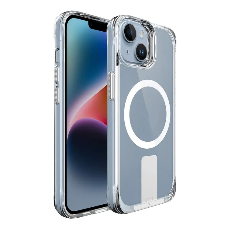Für iPhone 15 Aluminiumlegierung Kickstand Cover Klare TPU+PC Handyhülle Kompatibel mit MagSafe - Transparent