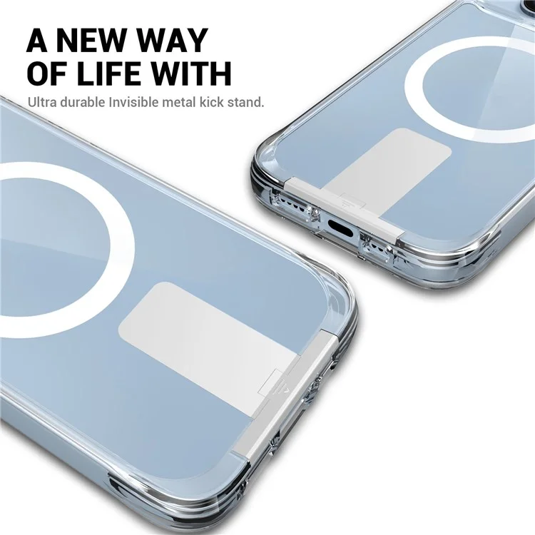 Für iPhone 15 Aluminiumlegierung Kickstand Cover Klare TPU+PC Handyhülle Kompatibel mit MagSafe - Transparent