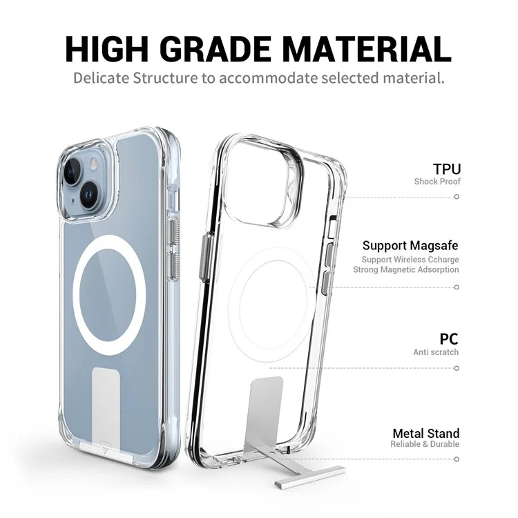 Für iPhone 15 Aluminiumlegierung Kickstand Cover Klare TPU+PC Handyhülle Kompatibel mit MagSafe - Transparent
